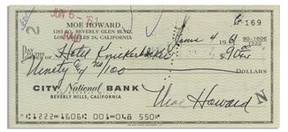 Moe Howard Check Signed, and Then Endorsed by Larry Fine on Verso -- Dated 4 June 1961 to the Hotel Knickerbocker -- Standard Check Size -- Very Good Condition